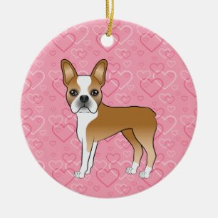 Fawn Boston Terrier On Pink Hearts Pet Memorial Keramik Ornament