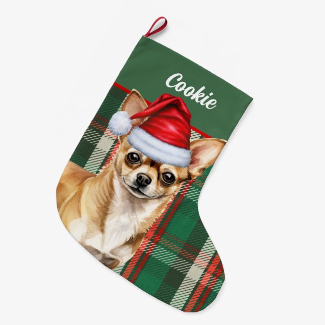 Fawn Chihuahua Dog Holiday Kariert Personalisiert Großer Weihnachtsstrumpf (Vorderansicht (hängend))