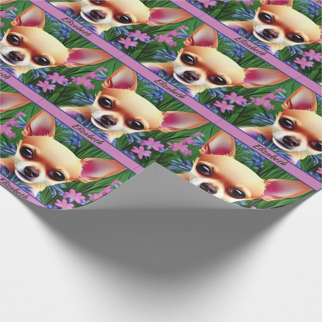 Fawn Chihuahua Puppy in Flower Meadow Personalized Geschenkpapier (Ecke)