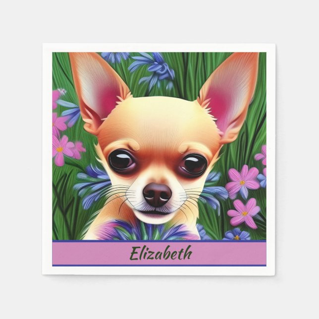 Fawn Chihuahua Puppy in Flower Meadow Personalized Serviette (Vorderseite)