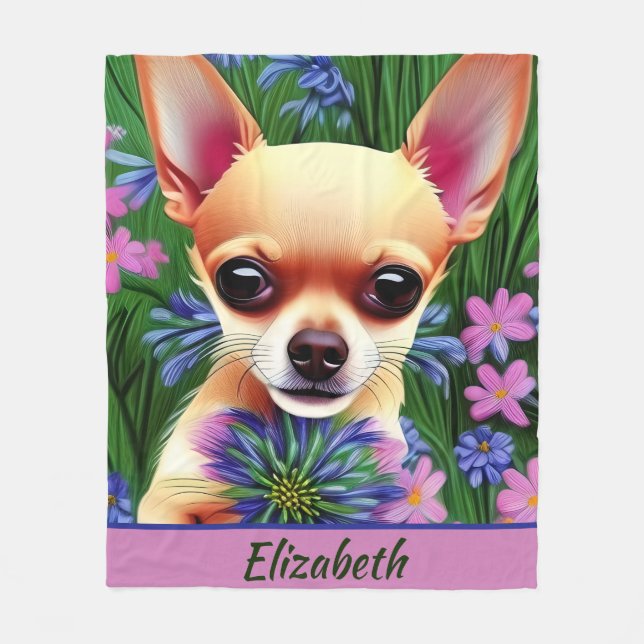 Fawn Chihuahua Welpe in Blume Meadow Personalisier Fleecedecke (Vorderseite)