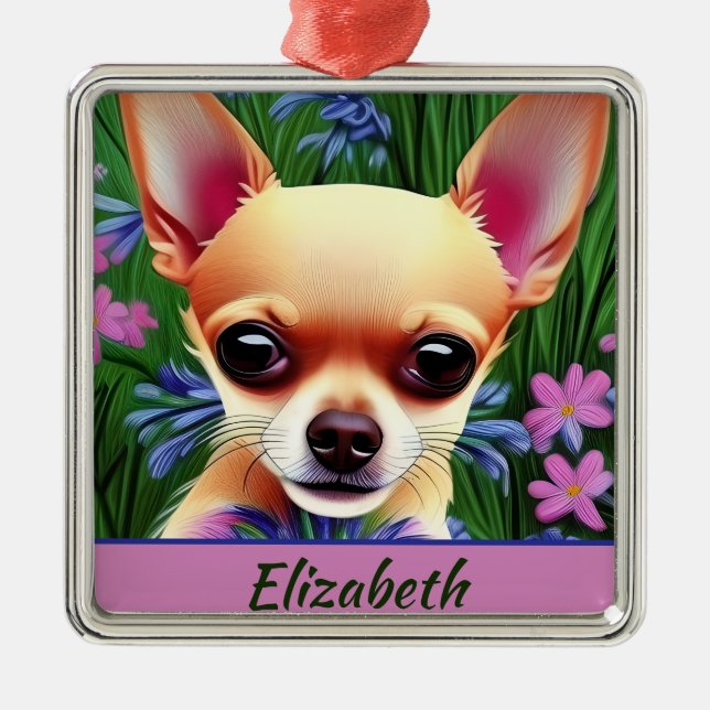 Fawn Chihuahua Welpe in Blume Meadow Personalisier Ornament Aus Metall (Vorne)