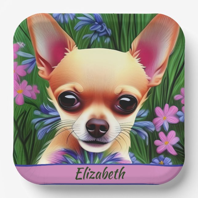 Fawn Chihuahua Welpe in Blume Meadow Personalisier Pappteller (Vorderseite)