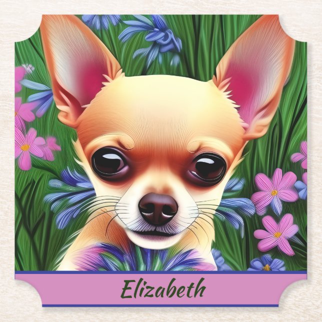 Fawn Chihuahua Welpe in Blume Meadow Personalisier Untersetzer (Vorderseite)