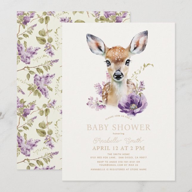 Fawn Deer Lila Floral Baby Dusche Einladung (Vorne/Hinten)