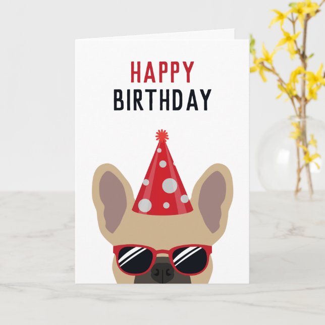 Fawn French Bulldog Happy Birthday Karte (Gelbe Blume)