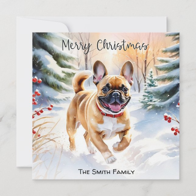 Fawn French Bulldog in Snow Frohe Weihnachten (Vorderseite)