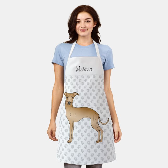 Fawn Italian Greyhound Cartoon Hund mit einem Name Schürze (Getragen)