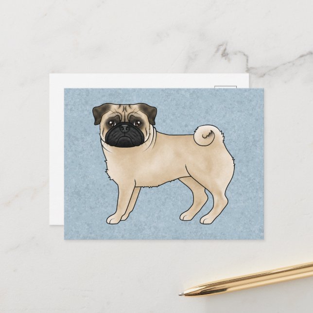 Fawn Mops Dog Canine Niedlicher Cartoon Illustrati Postkarte (Vorderseite/Rückseite Beispiel)