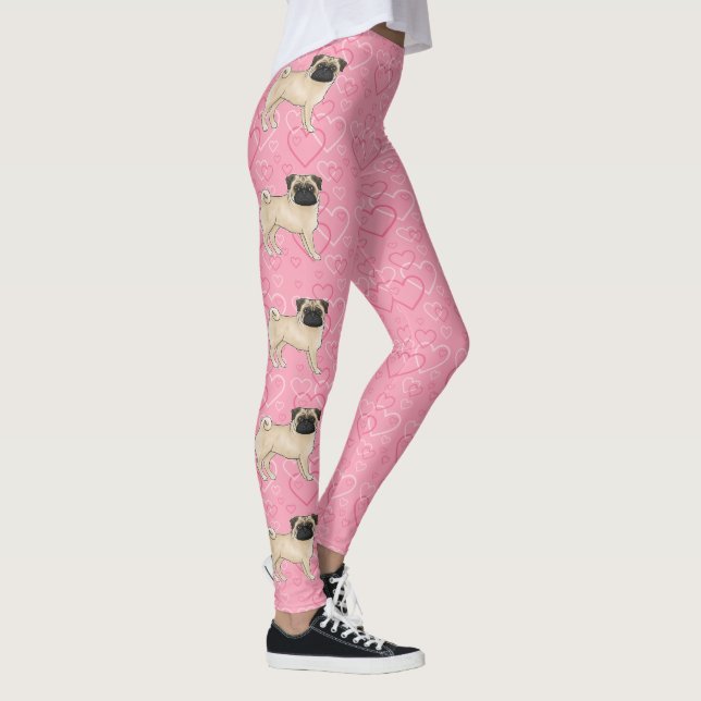 Fawn Mops Dog Cartoon Mops Liebe Herzmuster Rosa Leggings (Rechts)