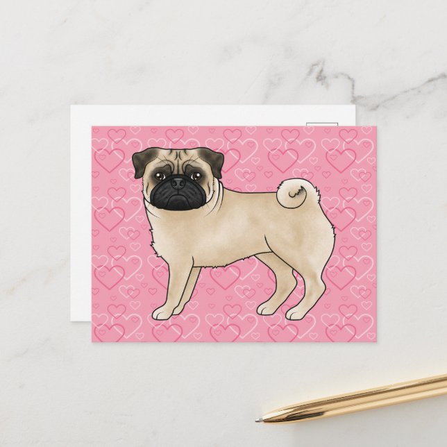 Fawn Mops Dog Cartoon Mops Liebe Herzmuster Rosa Postkarte (Vorderseite/Rückseite Beispiel)