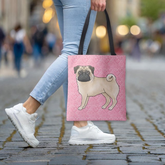 Fawn Mops Dog Cartoon Mops Pink Liebe Herz Muster Tasche (Please note: This image is a digital mockup. The product may not be in scale.)