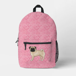 Fawn Mops Dog Cartoon Mops Pink Liebe Herzmuster Bedruckter Rucksack