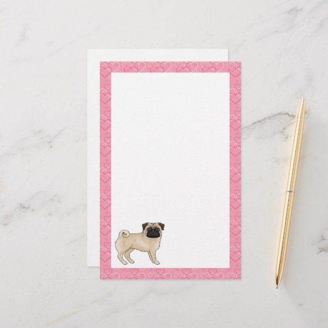 Fawn Mops Dog Cartoon Mops Pink Liebe Herzmuster Briefpapier (Vorderseite/Rückseite Beispiel)