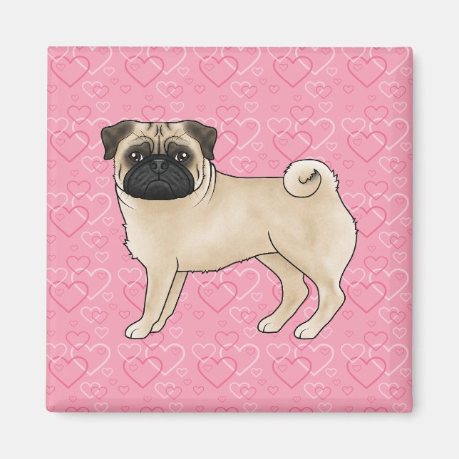 Fawn Mops Dog Cartoon Mops Pink Liebe Herzmuster Magnet (Vorne)