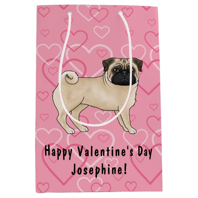 Fawn Mops Dog Cartoon Mops Pink Liebe Herzmuster Mittlere Geschenktüte (Vorderseite)