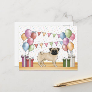 Fawn Mops Dog farbenfrohe Pastel Geburtstagsballon Postkarte