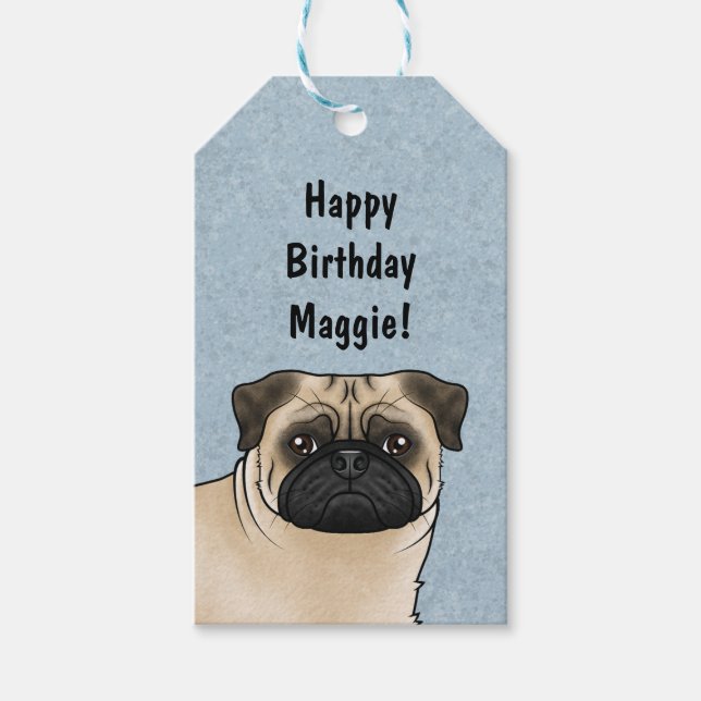 Fawn Mops Dog Head Nah-up Happy Birthday Blue Geschenkanhänger (Vorderseite)