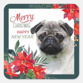Fawn Mops Dog Poinsettia Bouquet Weihnachten Quadratischer Aufkleber
