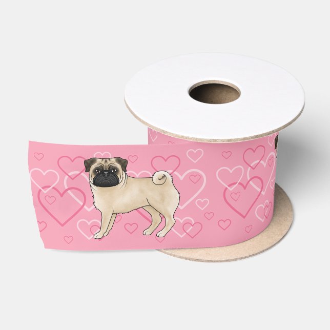 Fawn Mops Hund Cartoon Mops mit Herz Muster rosa Satinband (Spule)