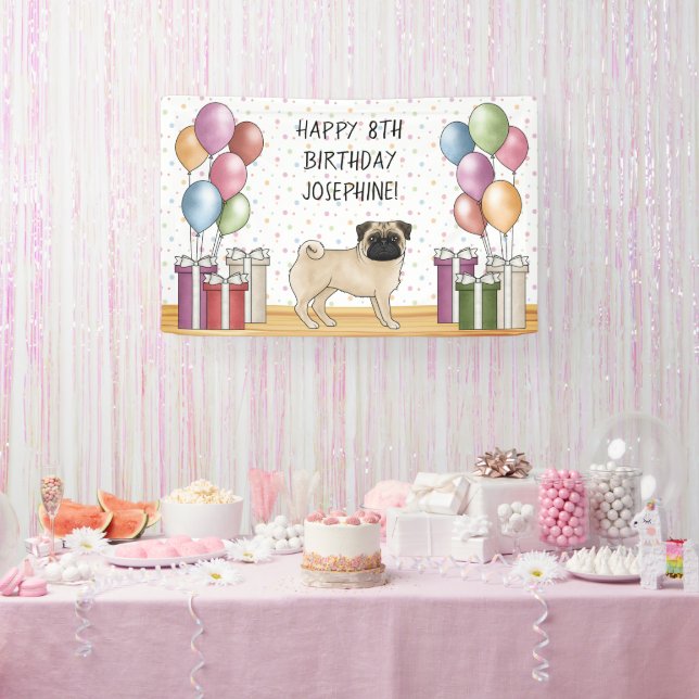 Fawn Mops Hund farbenfrohe Pastelle glücklich Gebu Banner (Party)