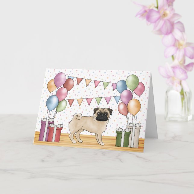 Fawn Mops Hund farbenfrohe Pastelle glücklich Gebu Karte (Orchidee)