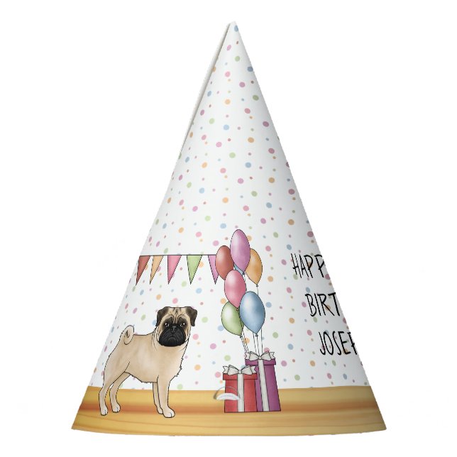 Fawn Mops Hund farbenfrohe Pastelle glücklich Gebu Partyhütchen (Links)