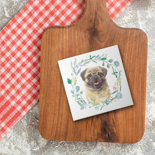Fawn Mops Hund Grüner Kranz Keramik Tile Fliese