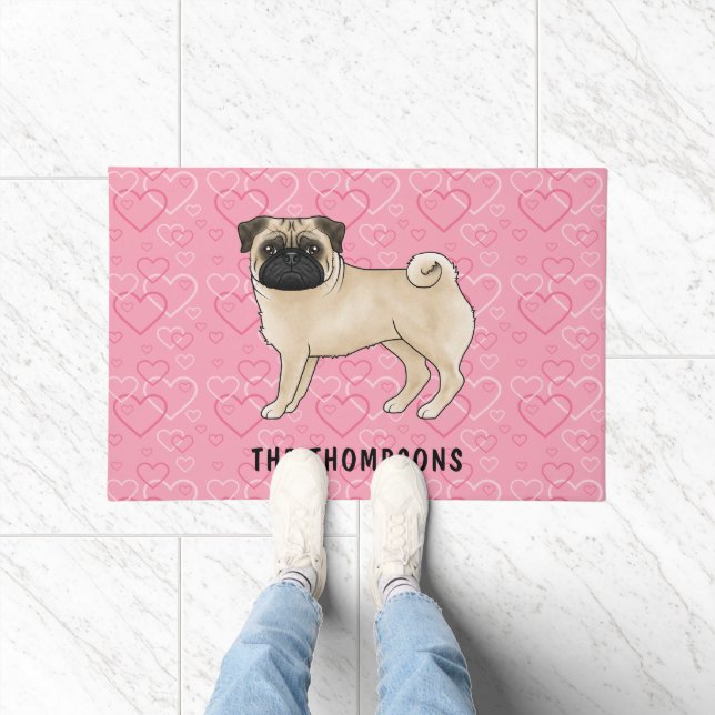 Fawn Mops Hund Niedlichen Mops und rosa Herzen mit Fußmatte (Indoor)