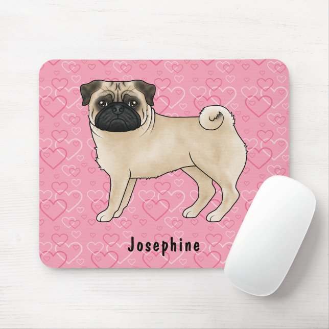 Fawn Mops Hund Niedlichen Mops und rosa Herzen mit Mousepad (Mit Mouse)