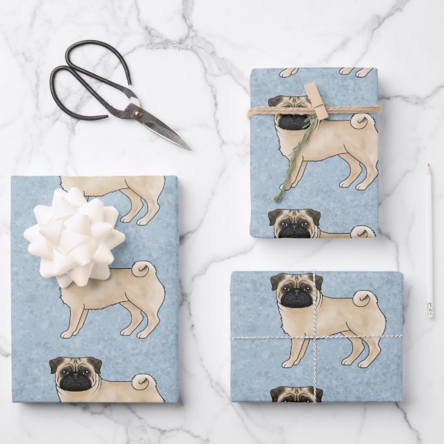 Fawn Mops Mops Hunde Zucht Design Muster auf blau Geschenkpapier Set (Vorderseite)