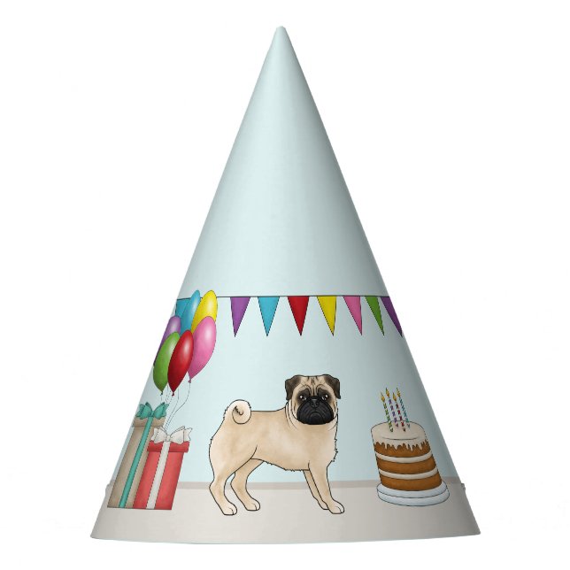 Fawn Mops Niedlich Cartoon Dog farbenfroh Geburtst Partyhütchen (Vorderseite)