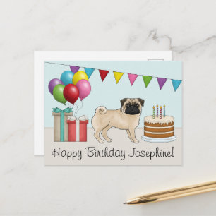 Fawn Mops Niedlich Cartoon Dog farbenfrohe Happy B Postkarte