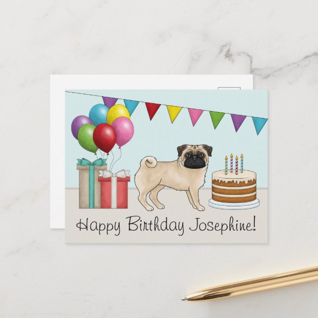 Fawn Mops Niedlich Cartoon Dog farbenfrohe Happy B Postkarte (Vorderseite/Rückseite Beispiel)