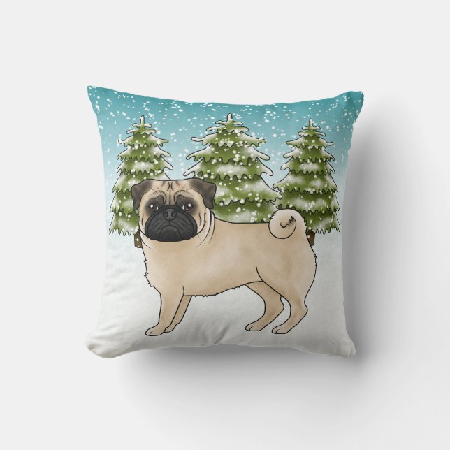 Fawn Mops Niedlich Cartoon Dog Schneewald Kissen (Vorderseite)