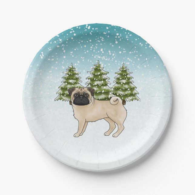Fawn Mops Niedlich Cartoon Dog Schneewald Pappteller (Vorderseite)