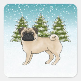 Fawn Mops Niedlich Cartoon Dog Schneewald Quadratischer Aufkleber