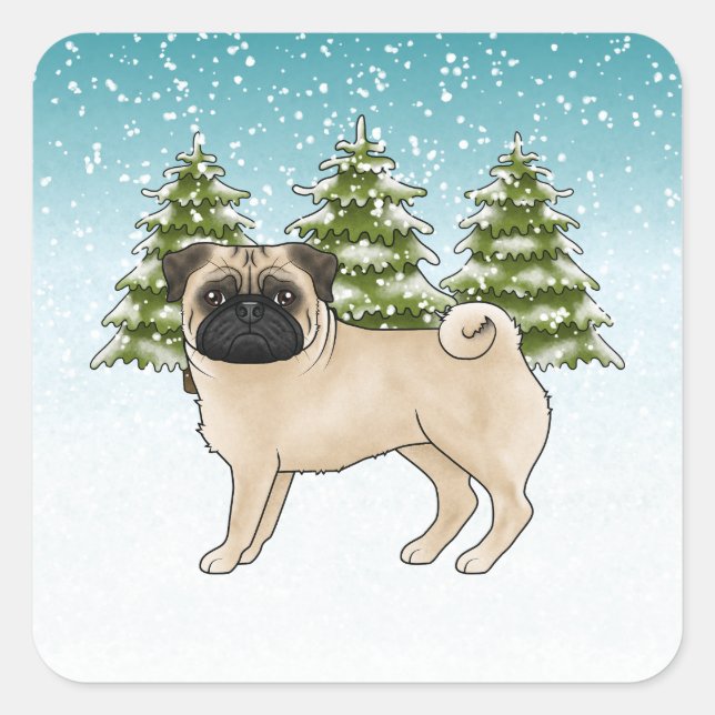 Fawn Mops Niedlich Cartoon Dog Schneewald Quadratischer Aufkleber (Vorderseite)