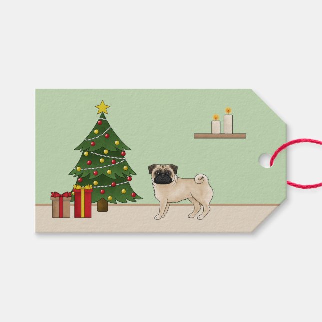 Fawn Mops Niedlicher Cartoon Hund mit einem Weihna Geschenkanhänger (Vorderseite (Horizontal))