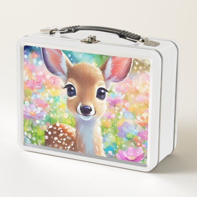 Fawn Niedlich Deer Animal in Blume Meadow Metall Brotdose (Vorderseite)
