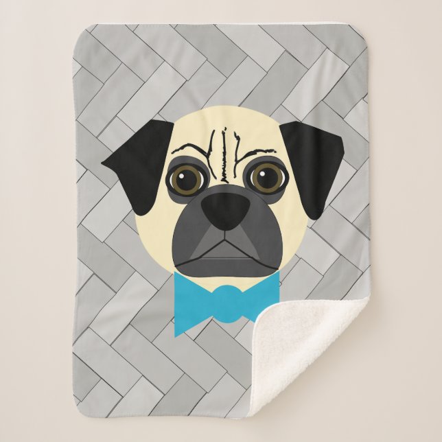 Fawn Pug with bowtie, Herringbone grey  Sherpadecke (Vorderseite)