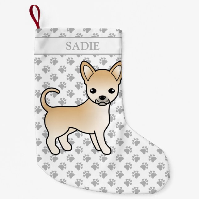 Fawn Smooth Coat Chihuahua Cartoon Dog & Name Kleiner Weihnachtsstrumpf (Vorderseite)