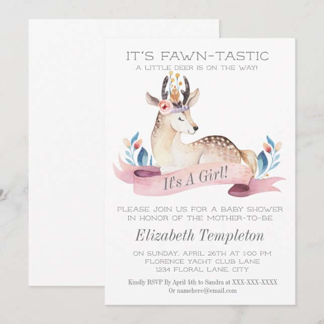 Fawntastic Deer It's a Girl Baby Shower Einladung (Vorne/Hinten)