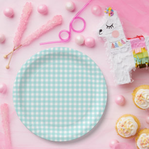 Faye und Lauren Aqua Blue Gingham Pappteller