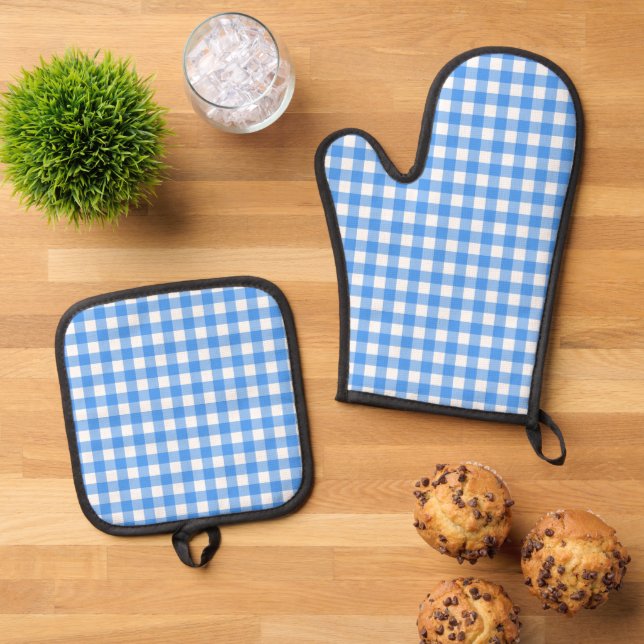 Faye und Lauren Blue Gingham Ofenhandschuh & Topflappen-Set (Oben Unten)