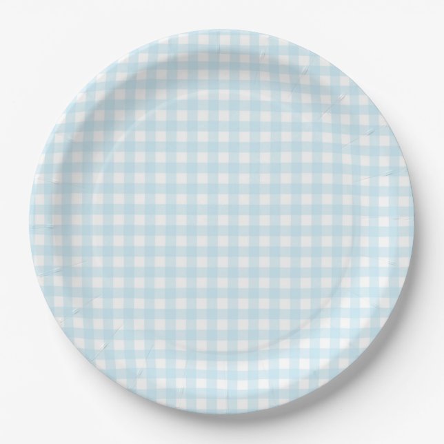 Faye und Lauren Light Blue Gingham Pappteller (Vorderseite)