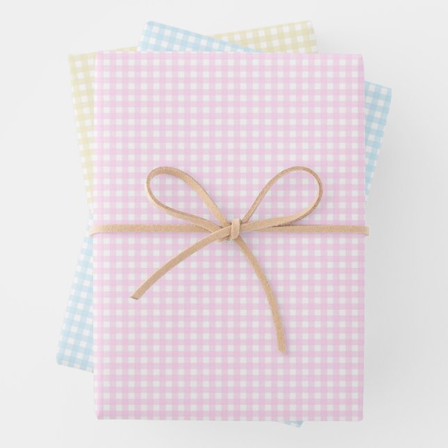 Faye und Lauren Pastel Gingham in 3 hellen Farben Geschenkpapier Set (Beispiel)