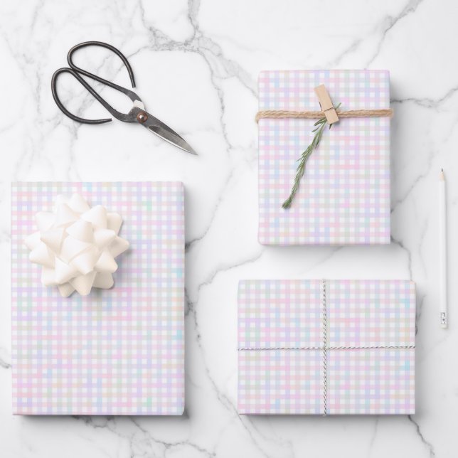 Faye und Lauren Pastel Gingham Multicolor Geschenkpapier Set (Vorderseite)