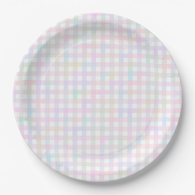 Faye und Lauren Pastel Gingham Multocolor Pappteller (Vorderseite)