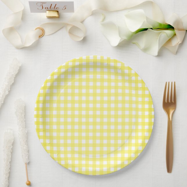 Faye Yellow Gingham Paper Plate Pappteller (Hochzeit)